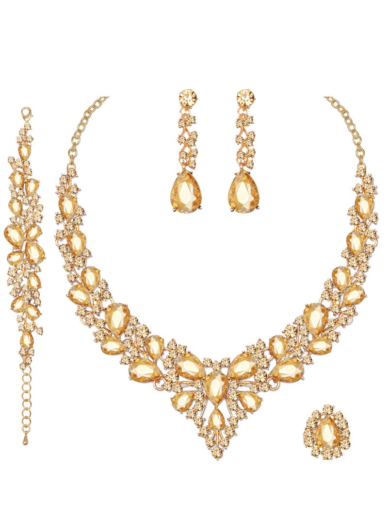 CSY Women's Austrian Crystal Necklace Earrings Bracelet Ring Bridal Jewelry Sets for Brides Wedding Party Costume Accessories (Champagne Gold) - Image 1